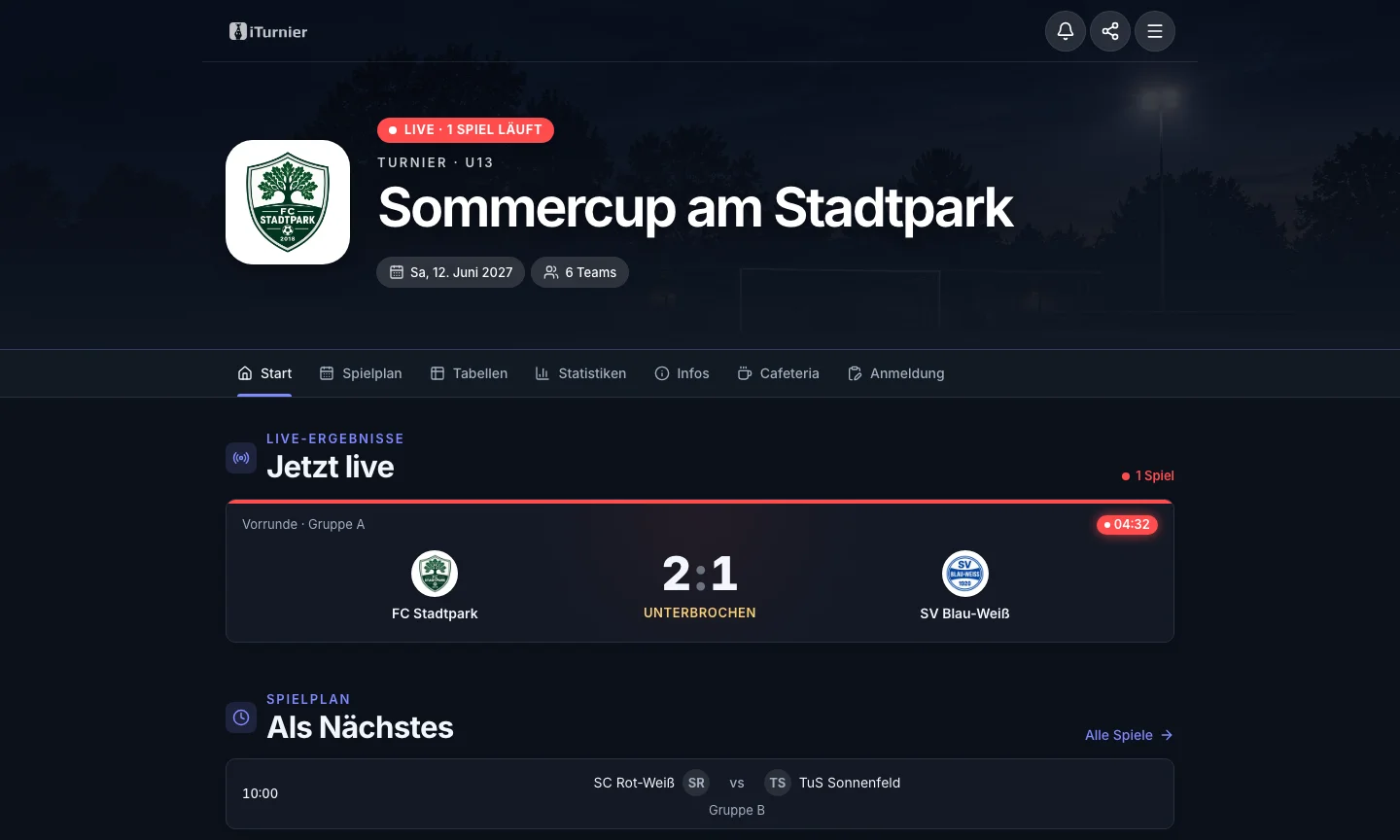 Screenshot der Turnierseite im Design Stadion: Kopfbereich und Live-Ergebnisse.