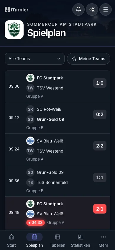 Die öffentliche Spielplanansicht im neuen Stadion-Design auf dem Smartphone.