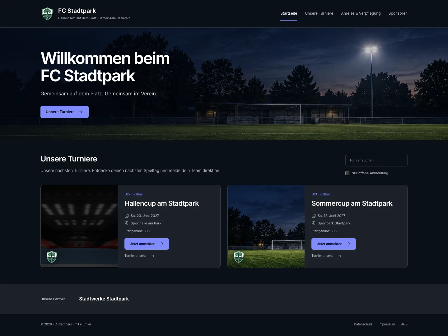 Vereinsseite des FC Stadtpark mit drei Turnieren und direkter Anmeldung.